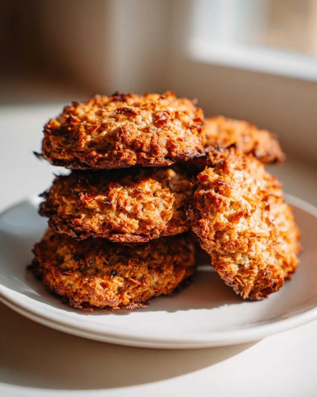 A stack of four golden brown, textured almond joy cookies resting on a white plate in bright sunlight.