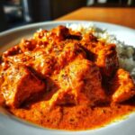 Close-up of creamy, orange butter chicken pieces served next to white rice on a white plate.