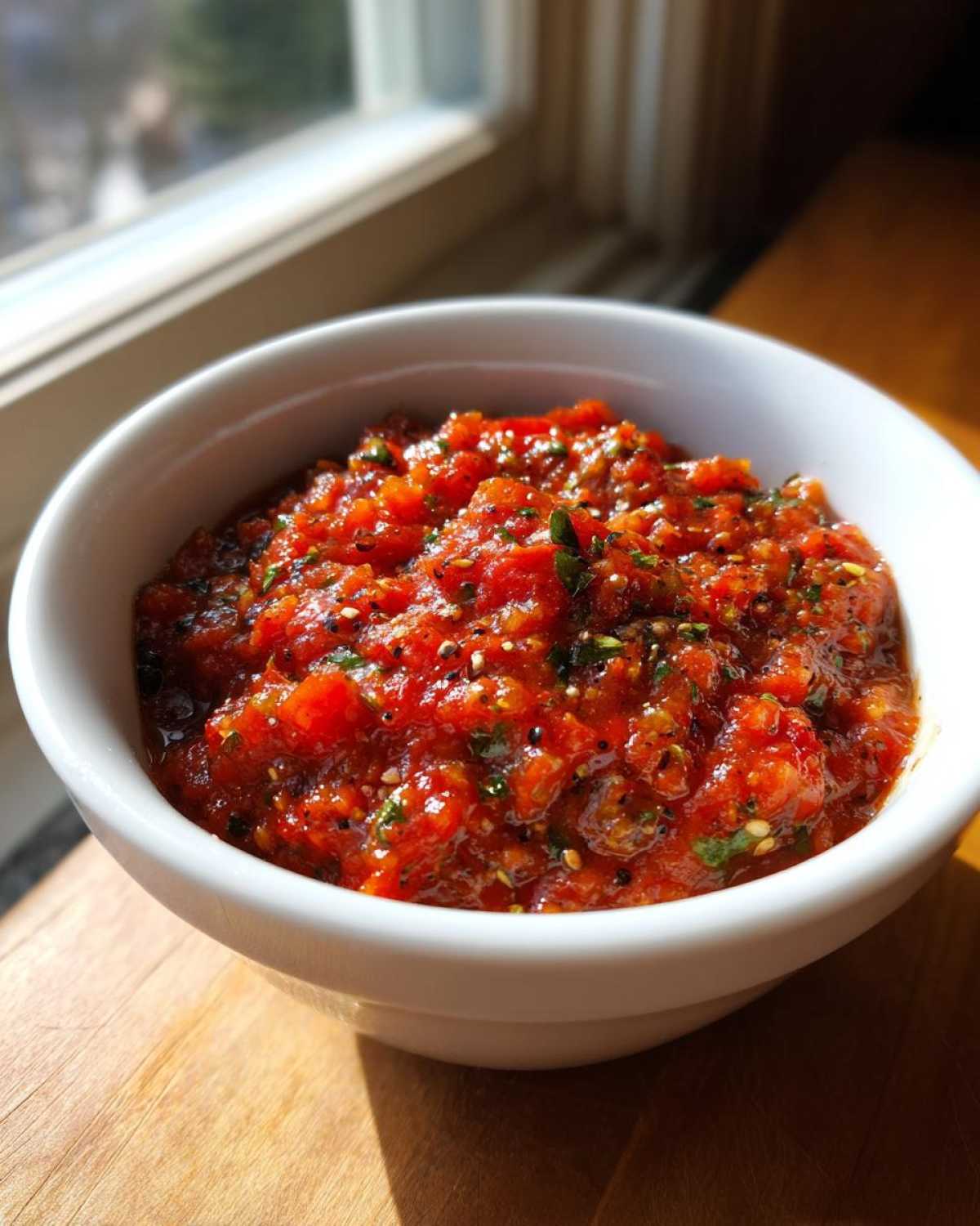 Close-up of chunky, bright red homemade pizza sauce seasoned with herbs and spices in a white bowl.
