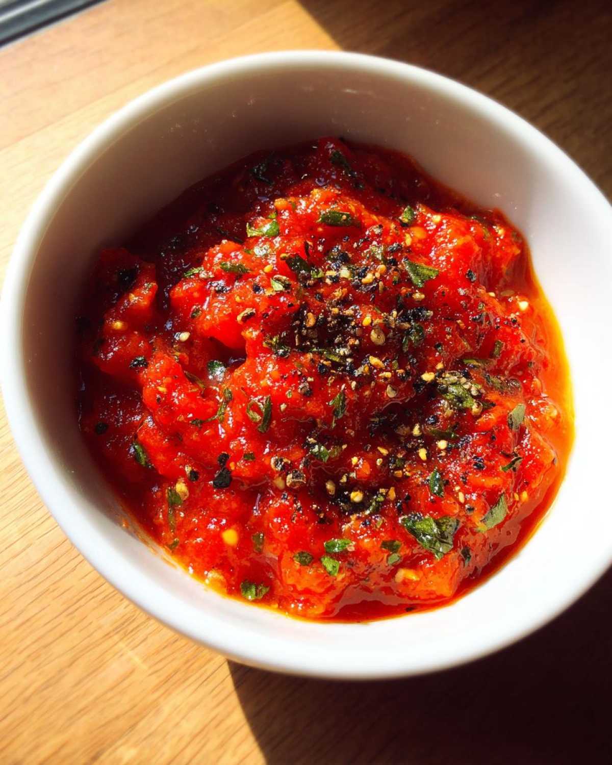 Close-up of vibrant, chunky pizza sauce seasoned with herbs and spices in a small white bowl.