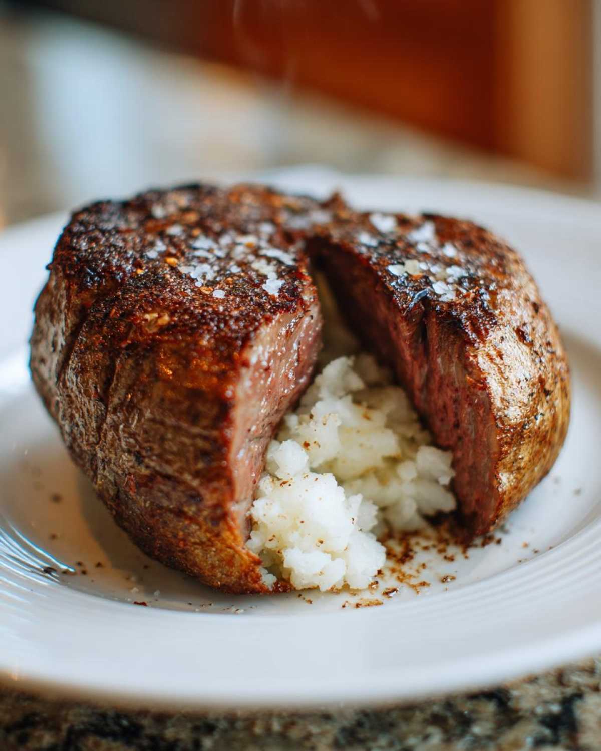 A perfectly cooked steak, cut open to reveal fluffy insides served over the filling of an air fryer baked potato.