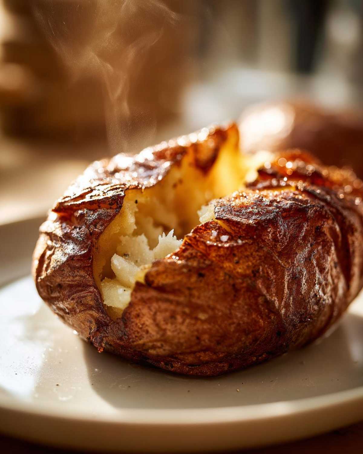 Close-up of a perfectly cooked, steaming air fryer baked potato with a split open, fluffy interior and crispy, seasoned skin.
