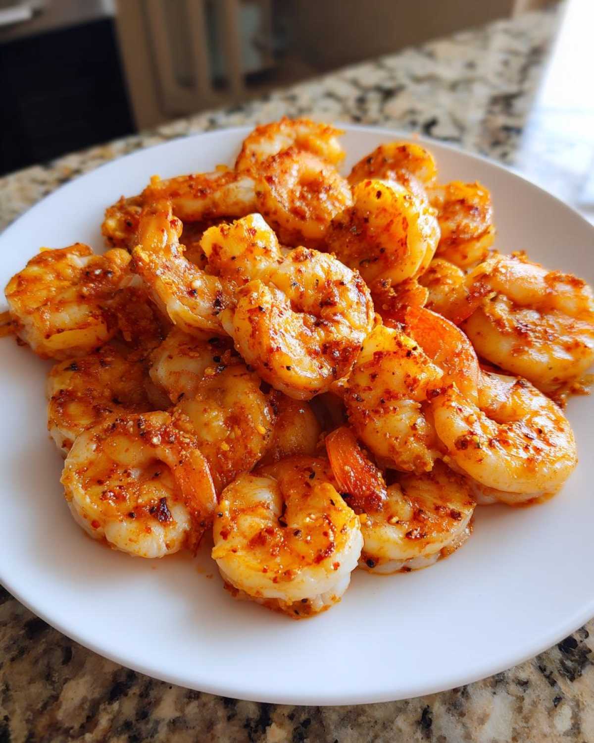 A white plate piled high with seasoned, cooked air fryer frozen shrimp, showing a vibrant orange-red spice coating.