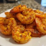 A close-up of seasoned and cooked air fryer frozen shrimp piled on a white plate.