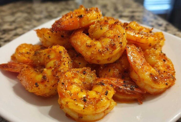 A close-up of seasoned and cooked air fryer frozen shrimp piled on a white plate.