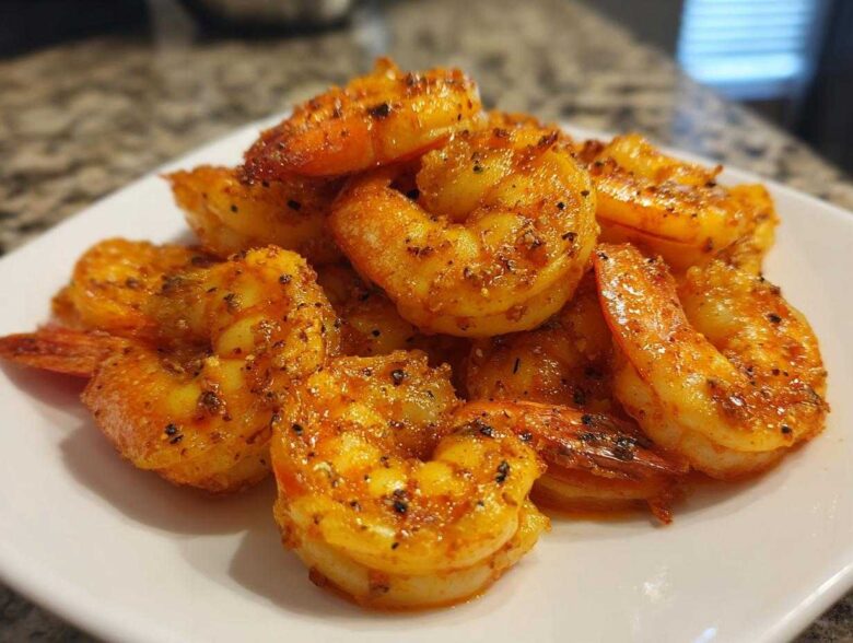 A close-up of seasoned and cooked air fryer frozen shrimp piled on a white plate.