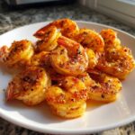 A close-up of seasoned, cooked air fryer frozen shrimp piled on a white plate, glistening under natural light.