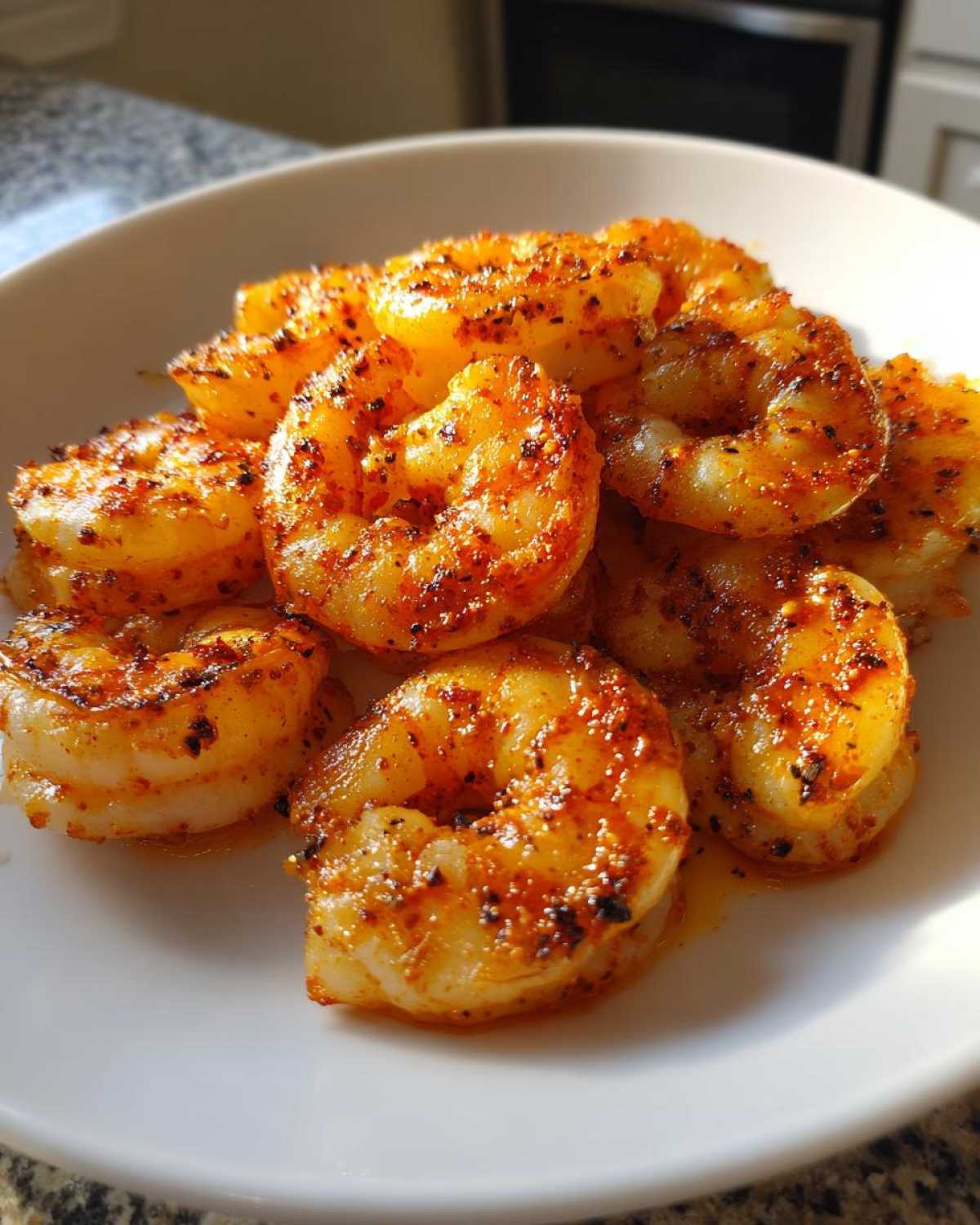 Close-up of perfectly cooked, seasoned air fryer frozen shrimp piled on a white plate.