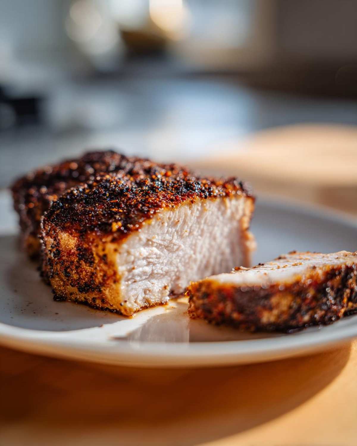 Close-up of a perfectly cooked air fryer pork chop, showing a juicy interior and a dark, seasoned crust.