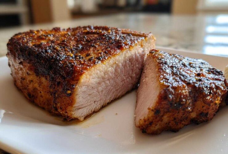 Close-up of juicy, perfectly cooked air fryer pork chops, sliced to show the tender interior and seasoned crust.