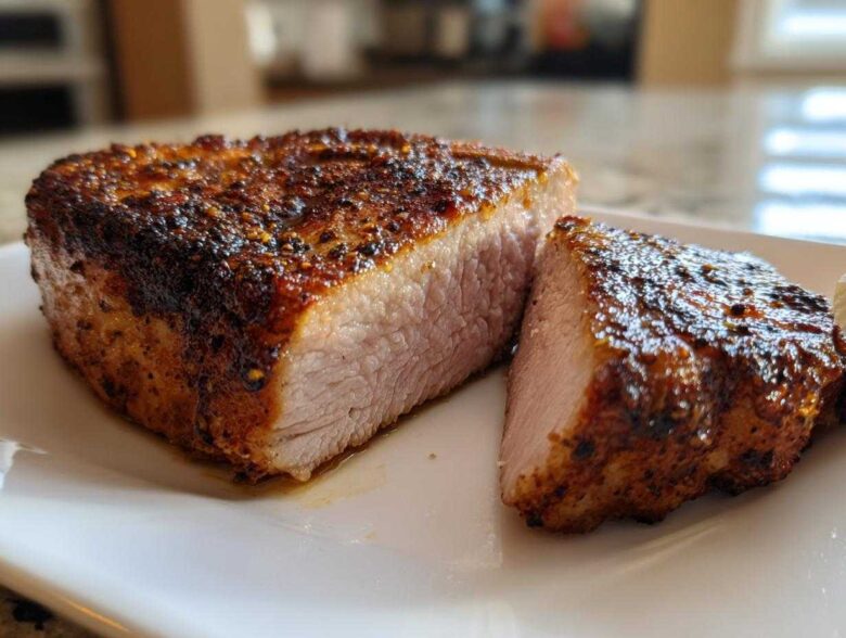 Close-up of juicy, perfectly cooked air fryer pork chops, sliced to show the tender interior and seasoned crust.