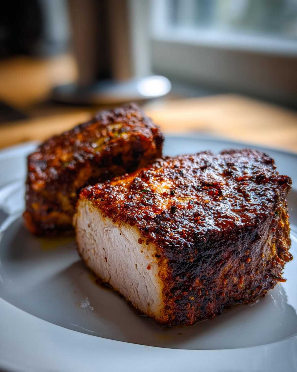 Close-up of two thick, juicy air fryer pork chops with a dark, flavorful spice crust on a white plate.