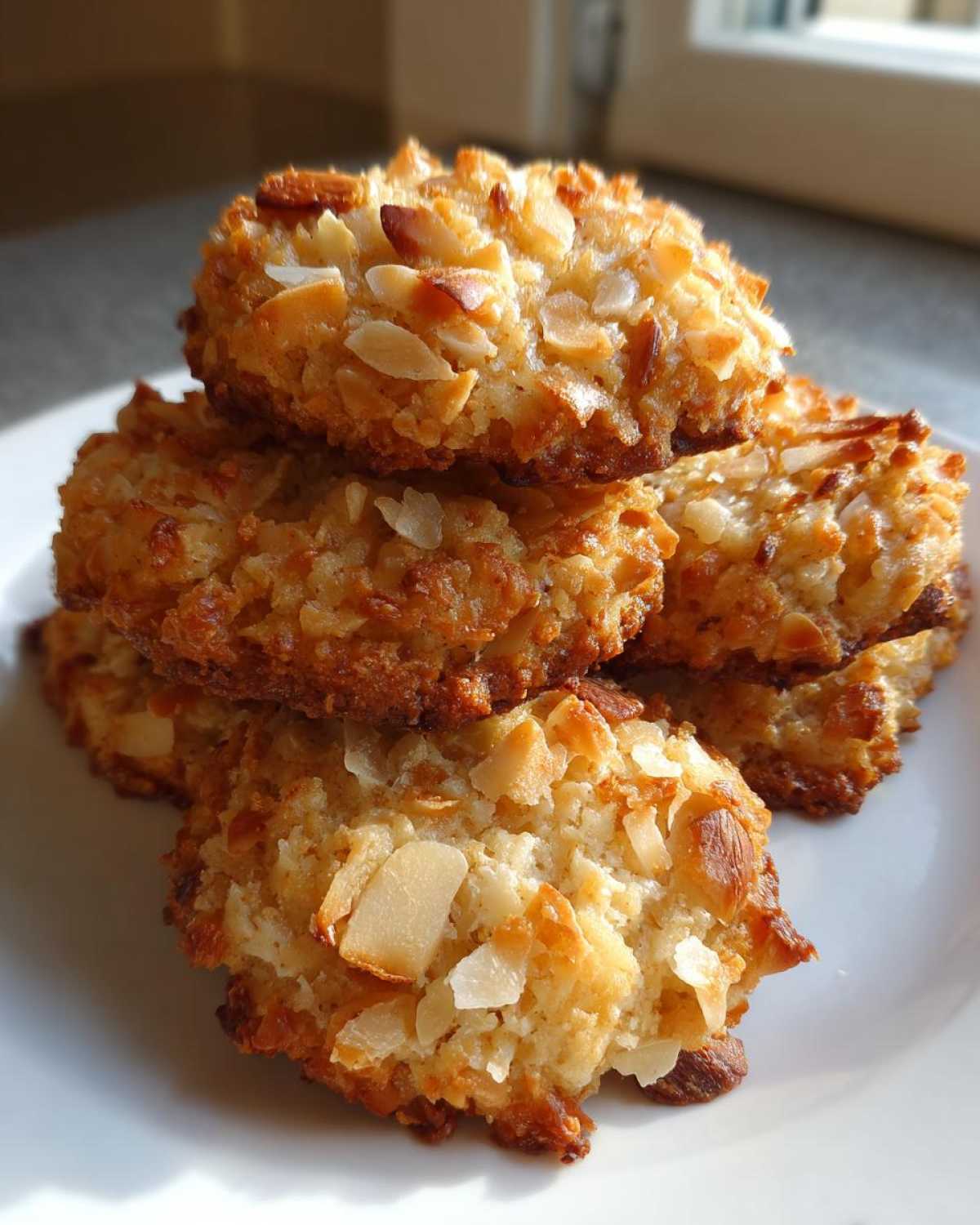 A stack of golden brown almond joy cookies topped generously with toasted sliced almonds, sitting on a white plate.