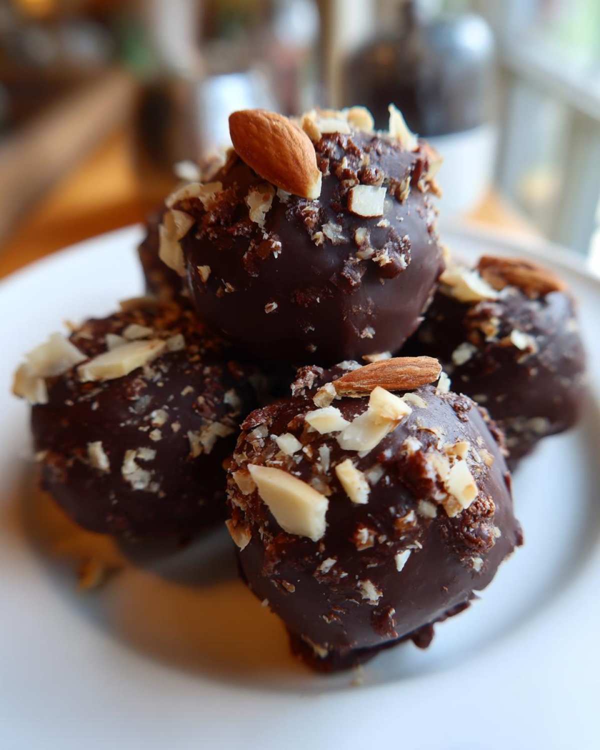 Close-up of several rich, chocolate-covered almond joy truffles sprinkled with chopped nuts and topped with whole almonds.