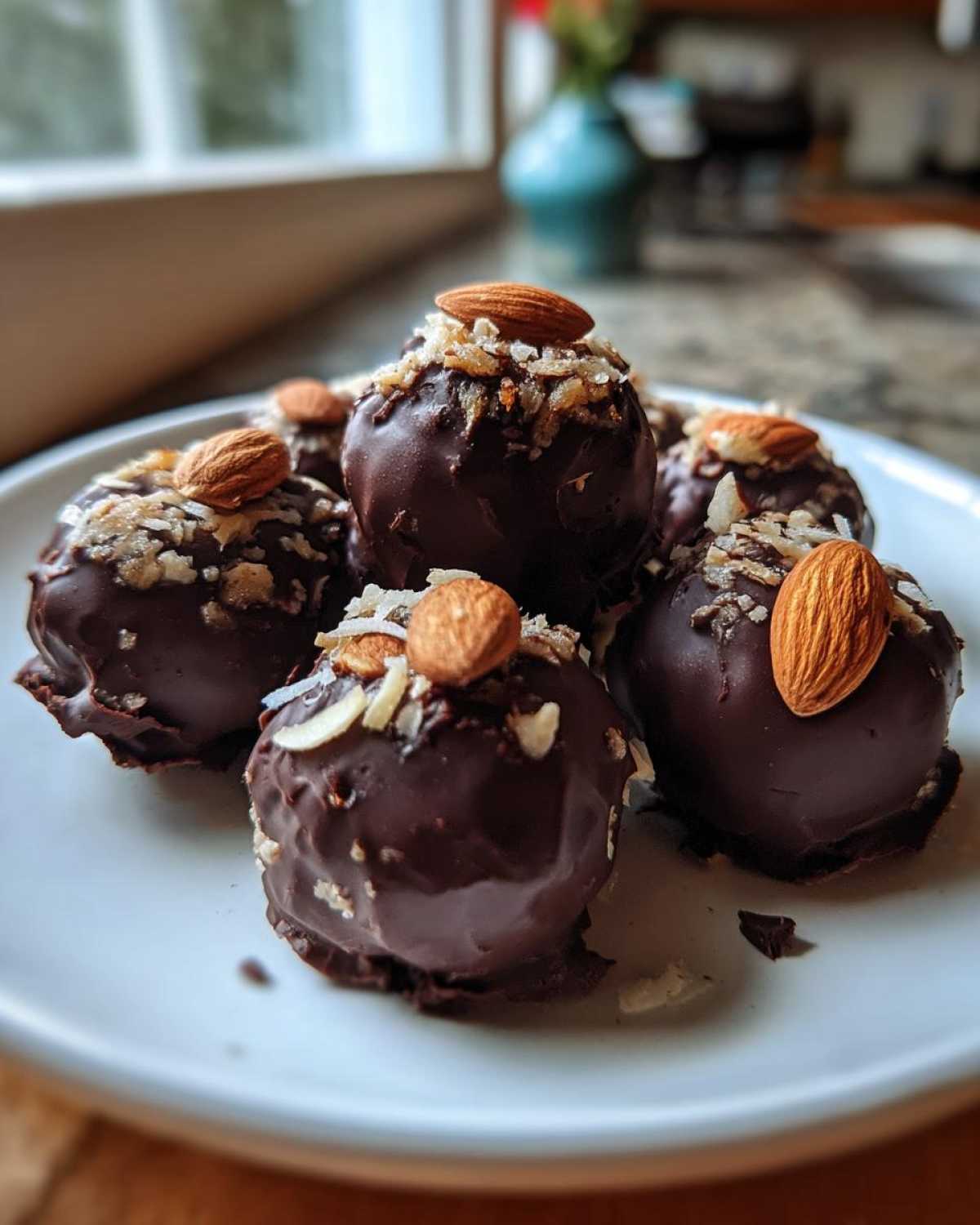 Close-up of five rich, dark chocolate almond joy truffles topped with shredded coconut and whole almonds.