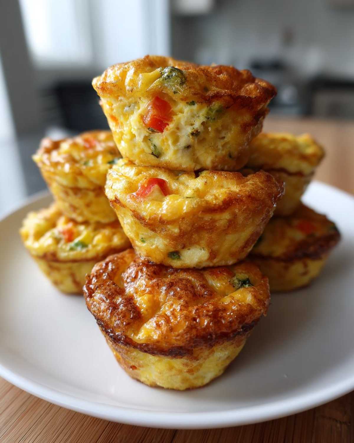A stack of golden brown, baked egg bites filled with visible pieces of red pepper and broccoli.