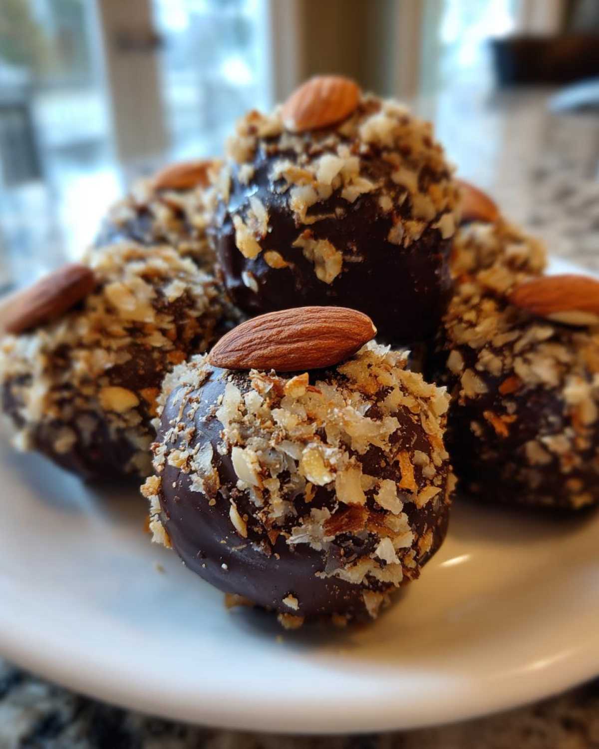 A close-up of several rich, chocolate-dipped almond joy truffles coated in chopped nuts and topped with whole almonds.