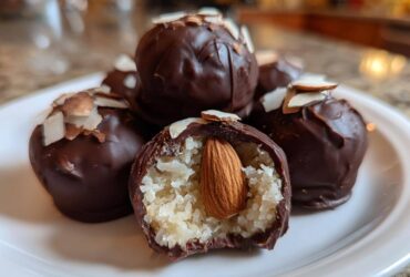 A pile of homemade almond joy truffles, one cut open revealing coconut filling and a whole almond inside.