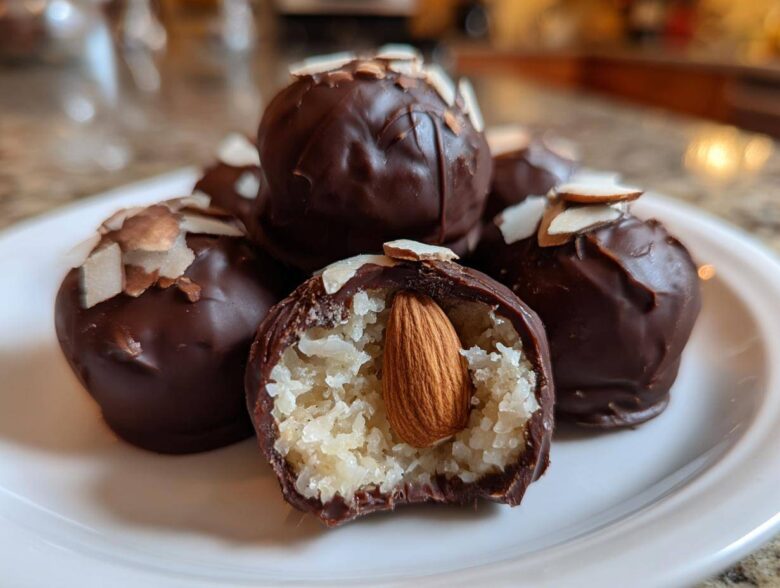 A pile of homemade almond joy truffles, one cut open revealing coconut filling and a whole almond inside.