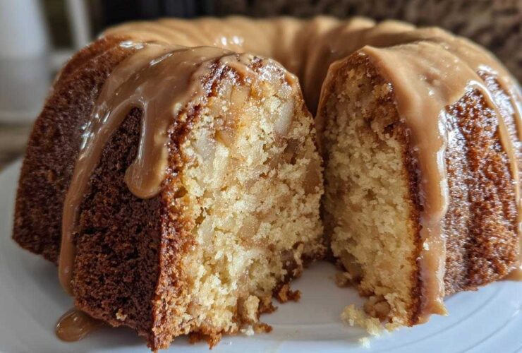Close-up of a slice cut from a moist apple bundt cake topped with dripping caramel glaze.