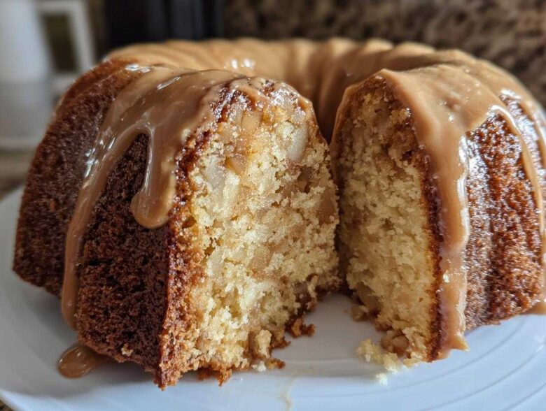Close-up of a slice cut from a moist apple bundt cake topped with dripping caramel glaze.