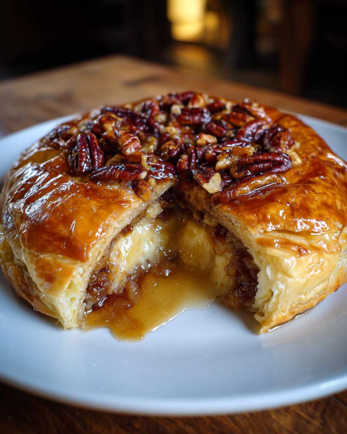 Close-up of baked brie wrapped in pastry, cut open to show melted cheese and pecan topping.