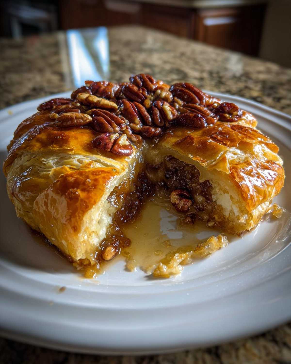 Close-up of a warm baked brie wrapped in puff pastry, cut open to show melted cheese and a gooey pecan topping.