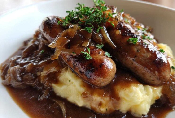 Close-up of delicious bangers and mash topped with caramelized onions and rich brown gravy.