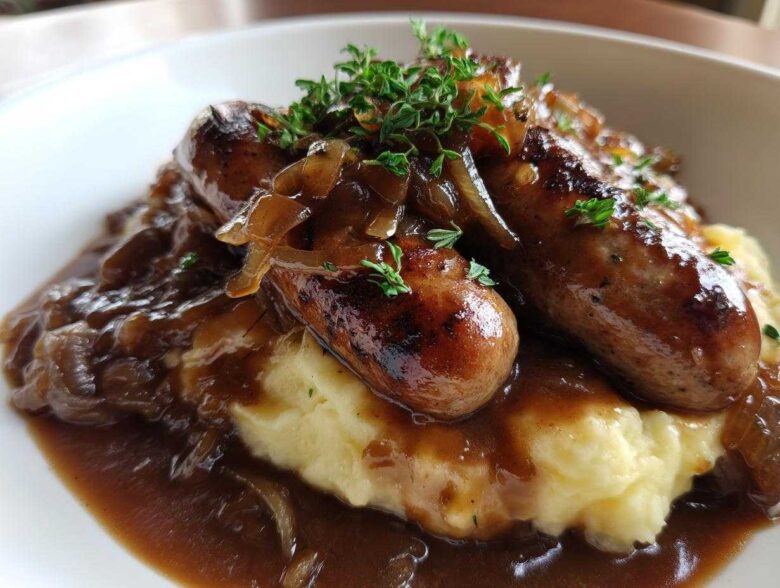 Close-up of delicious bangers and mash topped with caramelized onions and rich brown gravy.
