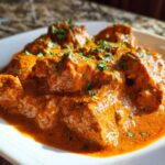 Close-up of tender chicken pieces swimming in a rich, orange-red sauce, garnished with fresh cilantro, showcasing the amazing butter chicken.