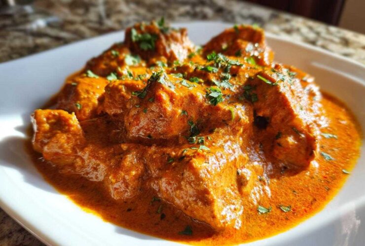Close-up of tender chicken pieces swimming in a rich, orange-red sauce, garnished with fresh cilantro, showcasing the amazing butter chicken.