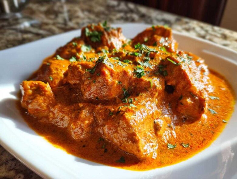 Close-up of tender chicken pieces swimming in a rich, orange-red sauce, garnished with fresh cilantro, showcasing the amazing butter chicken.