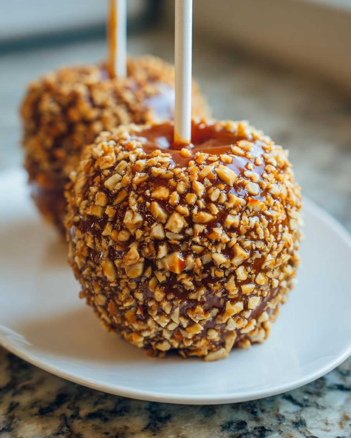 Close-up of two homemade caramel apples coated thickly in chopped nuts, resting on a white plate.