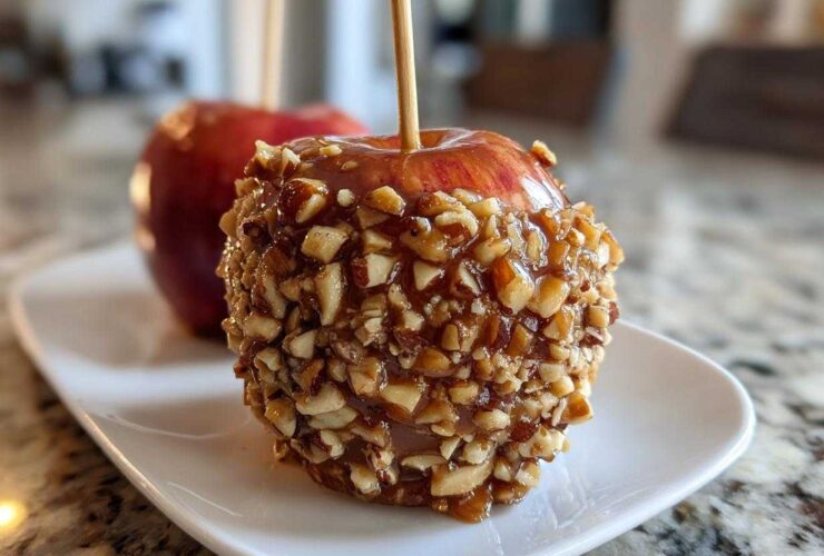 Close-up of a glossy caramel apple coated in chopped nuts, served on a white dish, featuring another apple in the background.