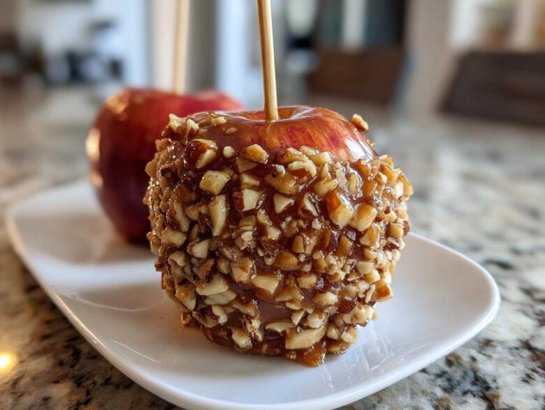 Close-up of a glossy caramel apple coated in chopped nuts, served on a white dish, featuring another apple in the background.