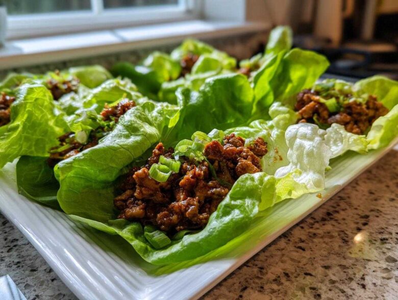 Close-up of several fresh chicken lettuce wraps filled with savory brown meat mixture and topped with green onions.