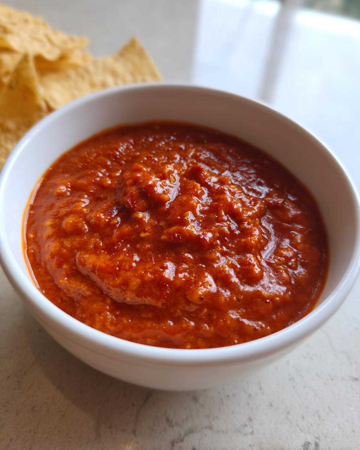 Close-up of thick, vibrant red chili cheese dip served in a white bowl with tortilla chips visible in the background.