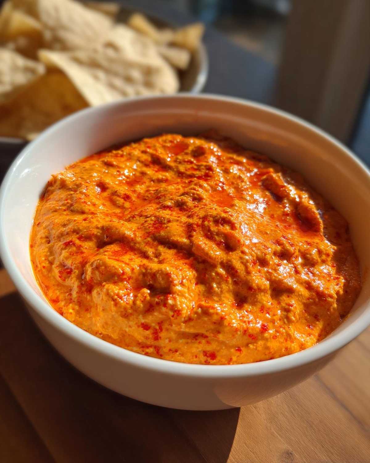 Close-up of a bright orange, creamy chili cheese dip topped with chili flakes in a white serving bowl.