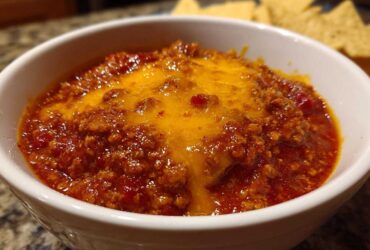 Close-up of a white bowl filled with rich, red chili cheese dip topped with melted orange cheddar cheese, with tortilla chips blurred in the background.