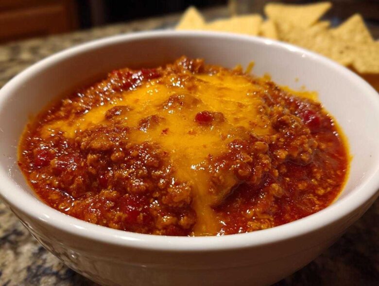 Close-up of a white bowl filled with rich, red chili cheese dip topped with melted orange cheddar cheese, with tortilla chips blurred in the background.