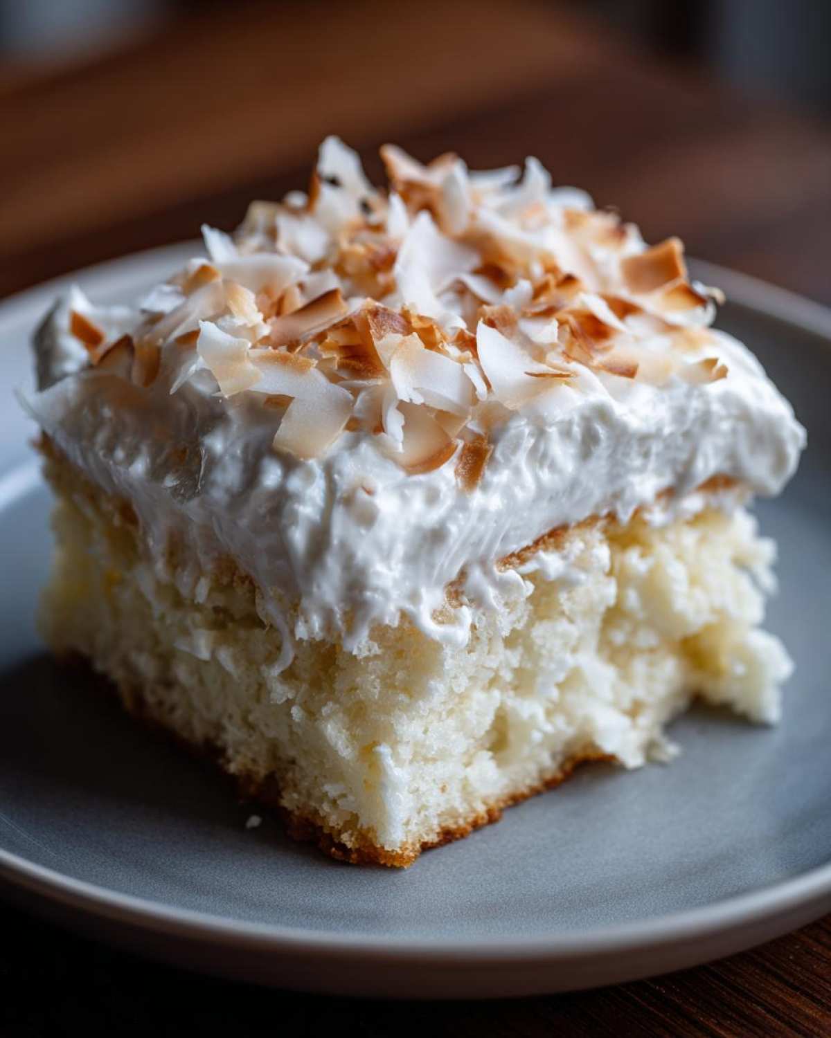 A moist slice of coconut poke cake topped with whipped cream and toasted coconut flakes.