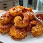 A plate piled high with golden brown, crispy coconut shrimp served with a side of sweet chili dipping sauce.
