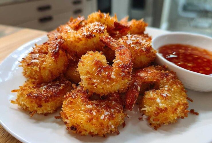 A plate piled high with golden brown, crispy coconut shrimp served with a side of sweet chili dipping sauce.