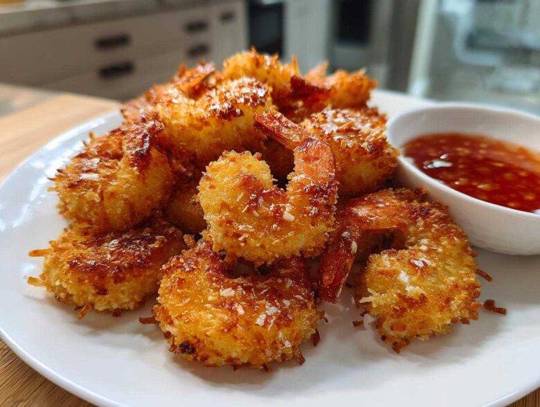 A plate piled high with golden brown, crispy coconut shrimp served with a side of sweet chili dipping sauce.