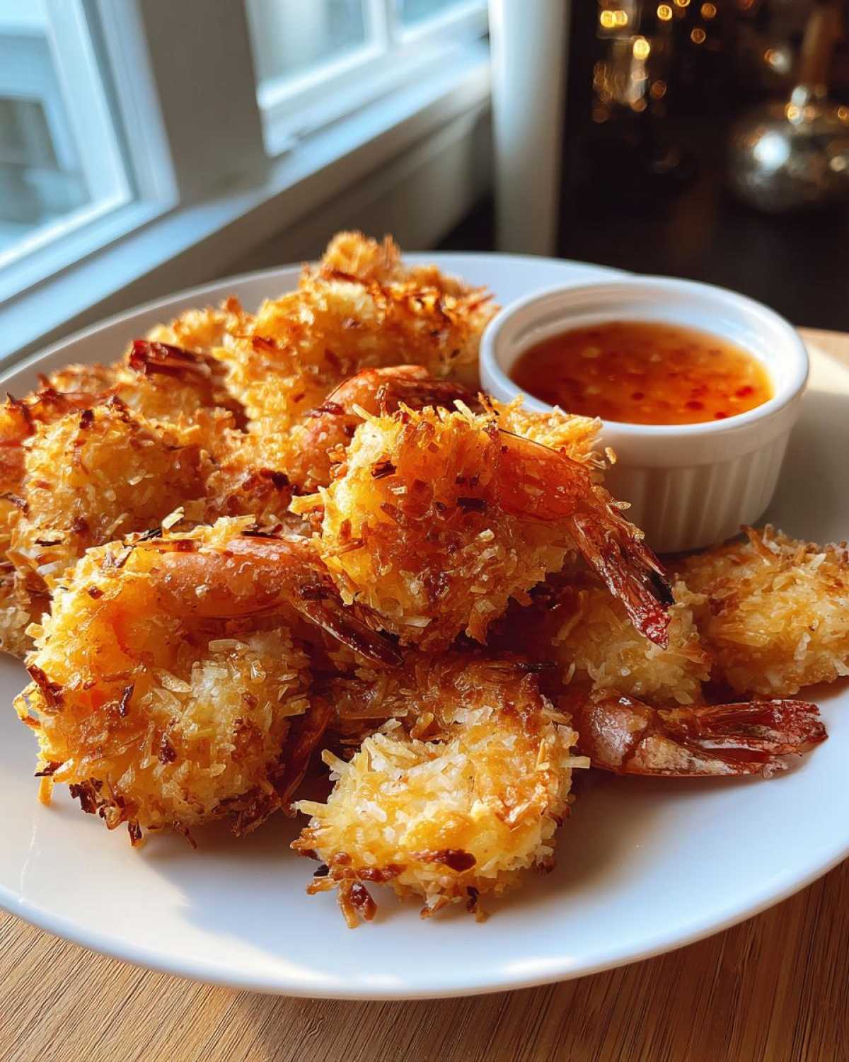 A plate piled high with crispy, golden brown coconut shrimp served next to a small ramekin of sweet chili dipping sauce.