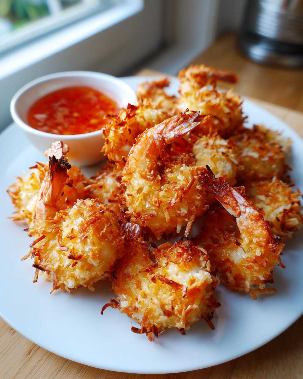 A plate piled high with golden brown, crispy coconut shrimp served next to a small bowl of sweet chili dipping sauce.