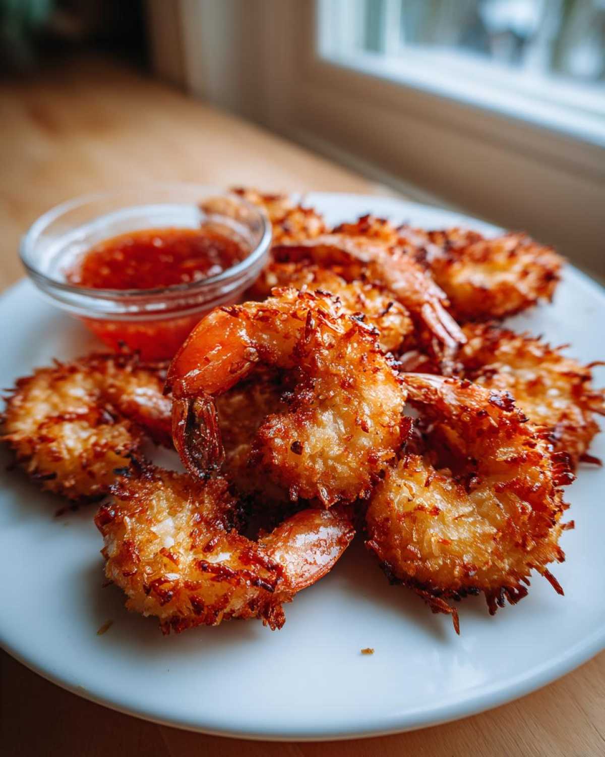 A plate of crispy, golden brown coconut shrimp served with a small bowl of sweet chili dipping sauce.