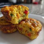 Three baked egg bites, one cut in half to show colorful vegetables inside, highlighting the amazing egg recipe.