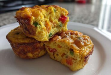 Three baked egg bites, one cut in half to show colorful vegetables inside, highlighting the amazing egg recipe.