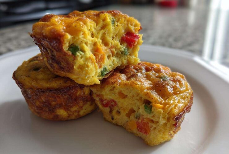 Three baked egg bites, one cut in half to show colorful vegetables inside, highlighting the amazing egg recipe.